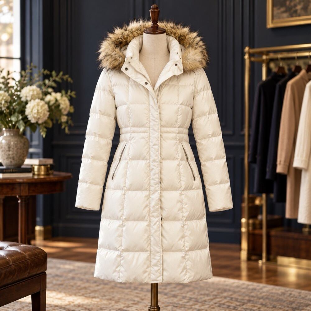 Talbots Parka Coat Womens Ivory Puffer Hooded Faux Fur Down Alternative S